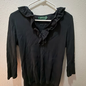 Lauren Ralph Lauren Women’s Black Ruffle Neck Blouse 3/4 Sleeve Size L